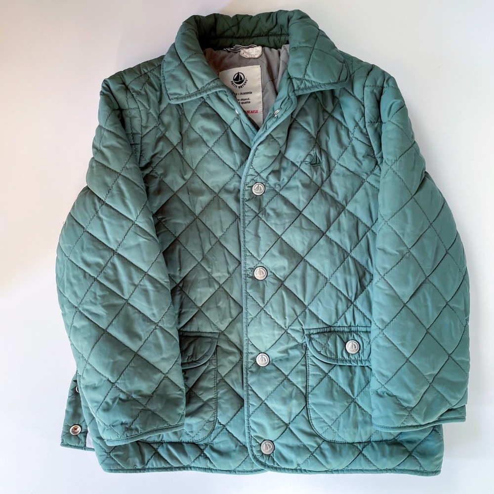 Petit Bateau Quilted Jacket Green Snap Front Puffer Coat 4T Preppy Old Money